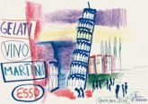 4  Gruß aus Pisa <br> Deckfarbe, Farbkreiden und Farbstifte, signiert, bezeichnet,
gewidmet, nicht bei Kliemann, 210 x 295 mm  um 1955