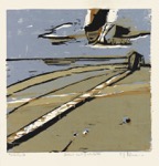 52 Strand mit Badehütte <br> Farbholzschnitt, Handreibedruck auf Japan, signiert, datiert,
numeriert, bezeichnet, Kliemann H 267, 395 x 400 mm  1998