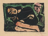 75 Kauernde Frau <br> Holzschnitt, Handreibedruck, handkoloriert, signiert, bezeichnet, R. H 5, 125 x 178 mm  1947