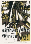 92 Neujahrsglückwunsch für 1987 <br> Farbholzschnitt, Handreibedruck, signiert, num., gewidmet, R. Vb 62, 400 x 200 mm  1986