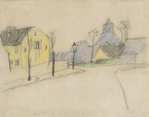 24  LYONEL FEININGER - Vorstadtstrae mit blauer Kirche <br> Farbkreiden, datiert April 1.10.Dr., 162 x 205 mm, 1910